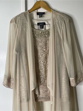 R&M Richards 2PC Champagne Beaded Blouse + Sheer Cardigan Set 16W Mother Bride